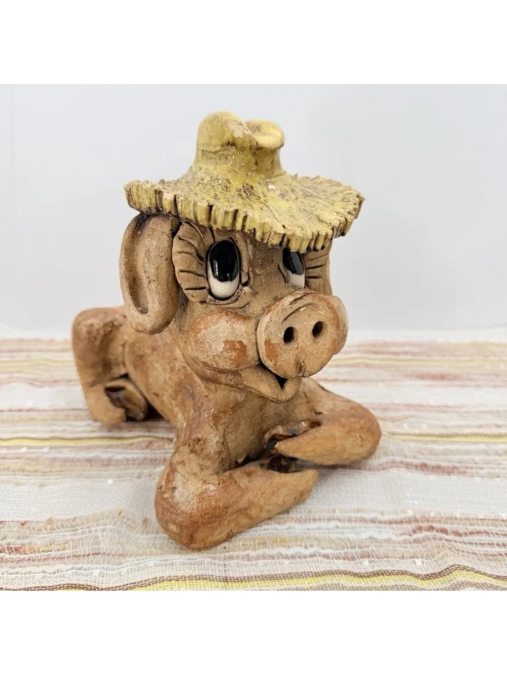 Vintage 70s Max Hindt Studio Art Pottery Big Eyed Country Pig Sculpture Figurine